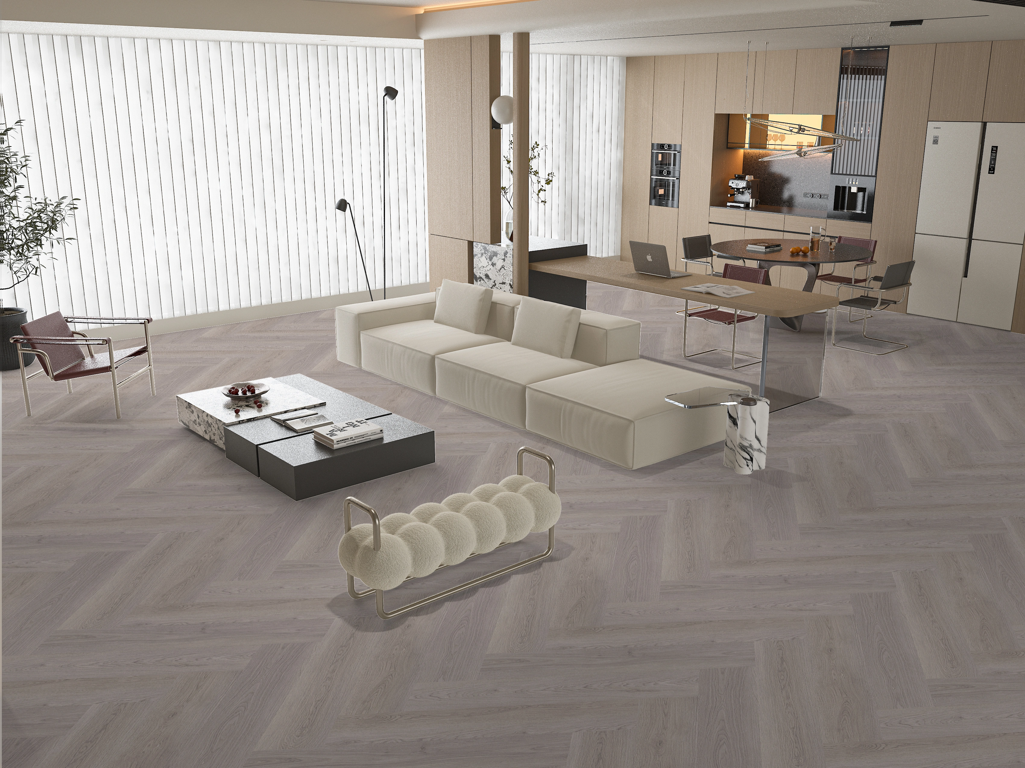 Quartz vinyl tiles SILVER GREIGE OAK, SPC, "herringbone", both sides, click system
